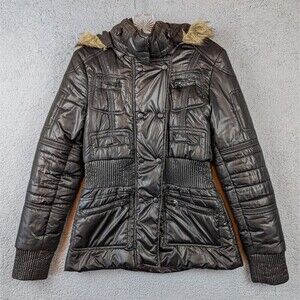 BKE Buckle Puffer Jacket Faux Fur Hood Coat Women's Size Small Black